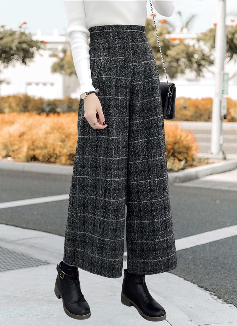 chouyatou Women's Winter High Waist Wide Leg Plaid Wool Blend Palazzo Capri Pants Culottes with Pockets - Image 2