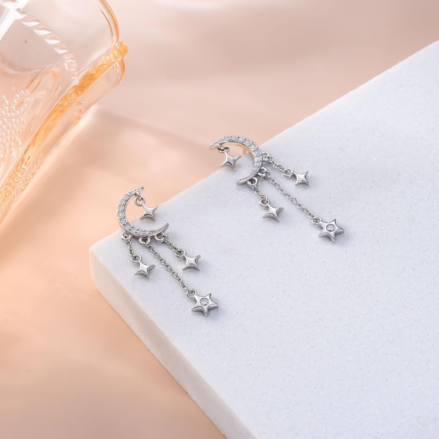 OHAYOO Sun Moon Star Earrings 925 Sterling Silver Celtic Knot Stud Earrings with Cubic Zirconia, Moonstone & Turquoise, Tassel Dangle Earrings for Women