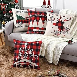CAROMIO Christmas Decorations Cushion Covers Farmhouse Christmas Pillow Covers Set of 4 Red Black Buffalo Plaid Pillow Cases 45 × 45 cm Xmas Cushion Covers for Sofa Home Decor