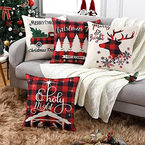 CAROMIO Kissenhülle Weihnachten Kissenbezug Frohe Weihnachten Deko Weihnachten 4er Set Dekokissenbezug Kissenbezug 45 x 45 Weihnachten Rot Kissenhülle für Sofa Cover