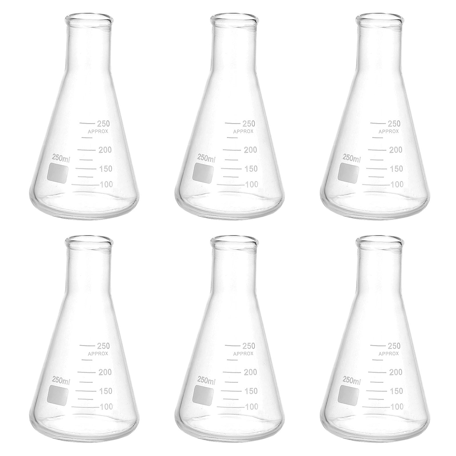 PATIKIL Erlenmeyer kolby miarowe, 6 sztuk, 250 ml, ze szkła borokrzemowego, z nadrukowaną skalą, do badań laboratoryjnych, chemii, nauki, nauki, 6 sztuk