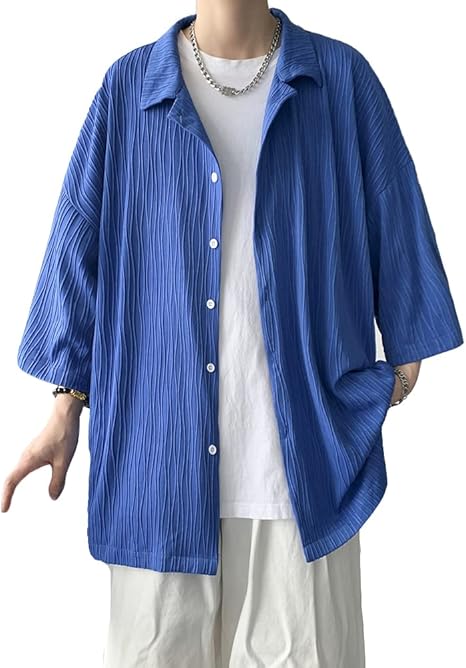 Amazon 夏服 メンズ シャツ ワイシャツ 五分袖 大きいサイズ ゆったり 涼しい 柔らかい肌触り 吸汗速乾 快適な軽い オーバーサイズ 韓国 シャツ ストリート系 ドロップショルダー 無地 夏 半袖 Yシャツ シャツ 通販