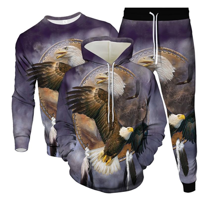 Set Tuta da Uomo Felpe con Cappuccio Stampate in 3D Animal Eagle + Maglione + Pantalone Set da 3 Pezzi Tuta Sportiva Casual