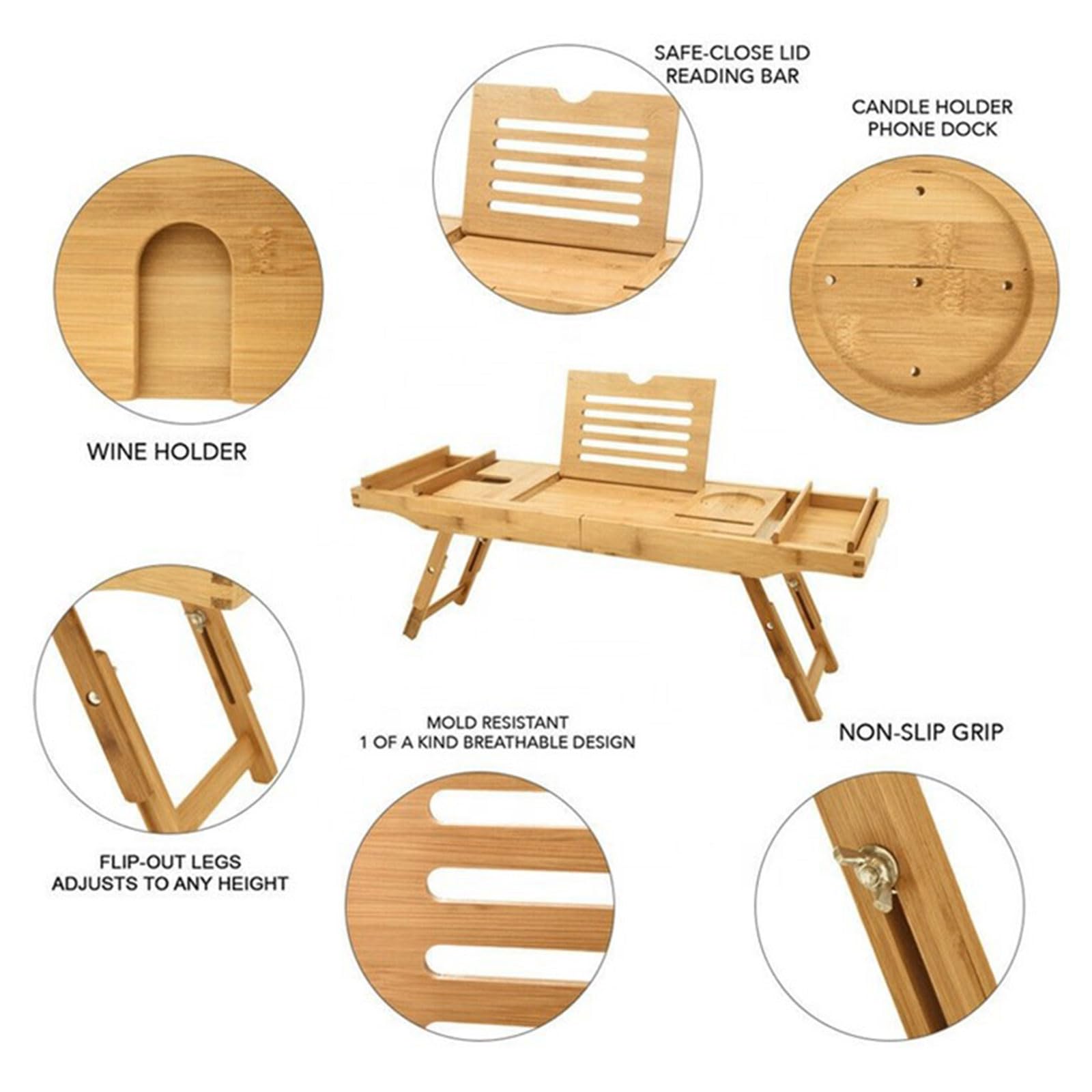Combo de Bandeja de Desayuno de Bath Caddy - Bandeja y Bandeja de Cama de Madera de bambú Natural con pies Plegables, Soporte de tabletas, Soporte de jabón de Vidrio de Vino,Natural