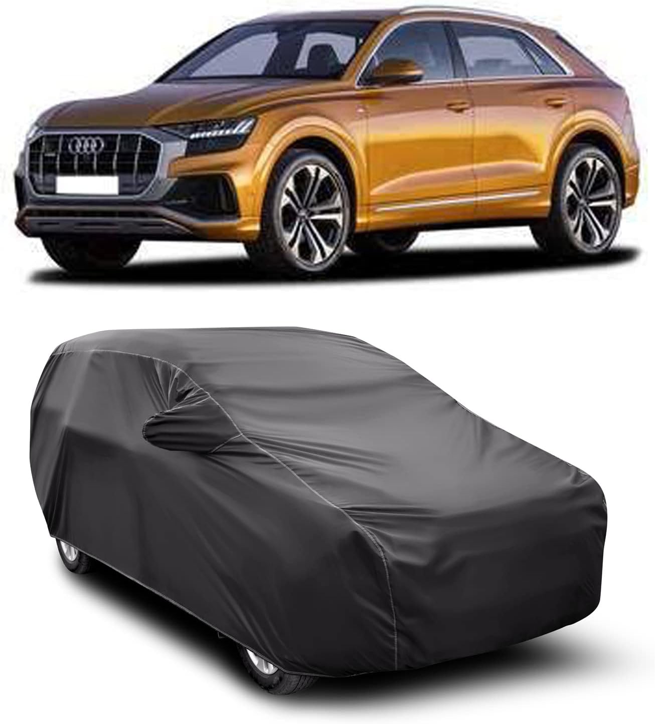 AOSIS® UV Rays Protector & Dust Proof Car Body Cover Thick Polyster Fabric(190T) Designed for Audi Q8 with Mirror Pocket | Scratch Proof |Heat Resistant | 100% (Grey)