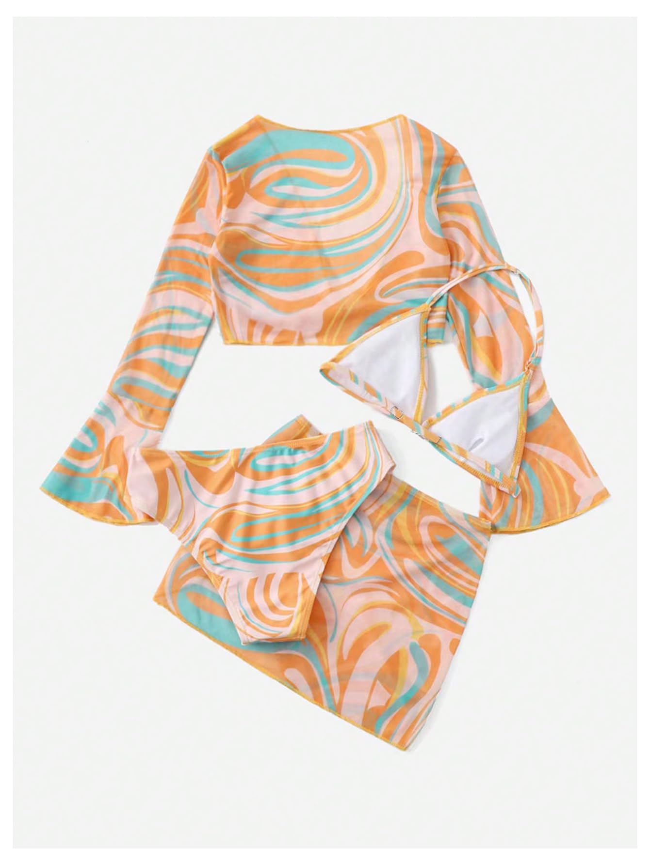 SHENHE Girl's 4 Piece Swimsuits Marble Print Triangle Halter Bikini with Kimono and Cover Up Skirt Orange 12 Years