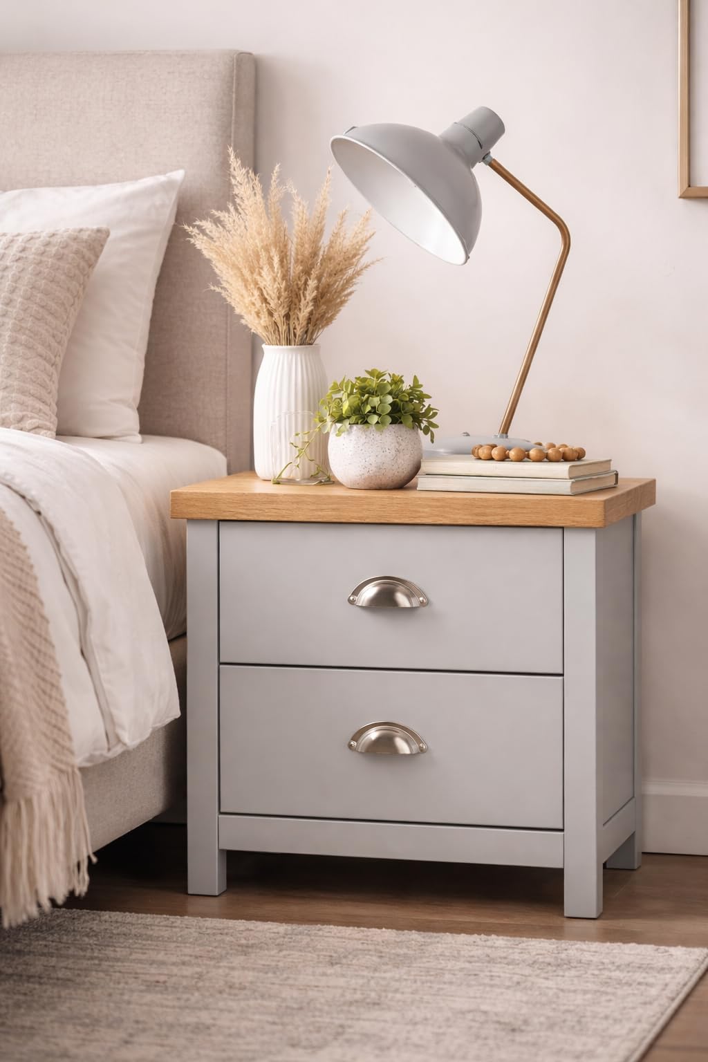 spot on dealz® Bedside Cabinet Light Grey Chest of Drawers with wooden top Small Bed Side Table for Bedroom 2 Drawer Modern Slim Side Storage Display Nightstand Cabinets Furniture
