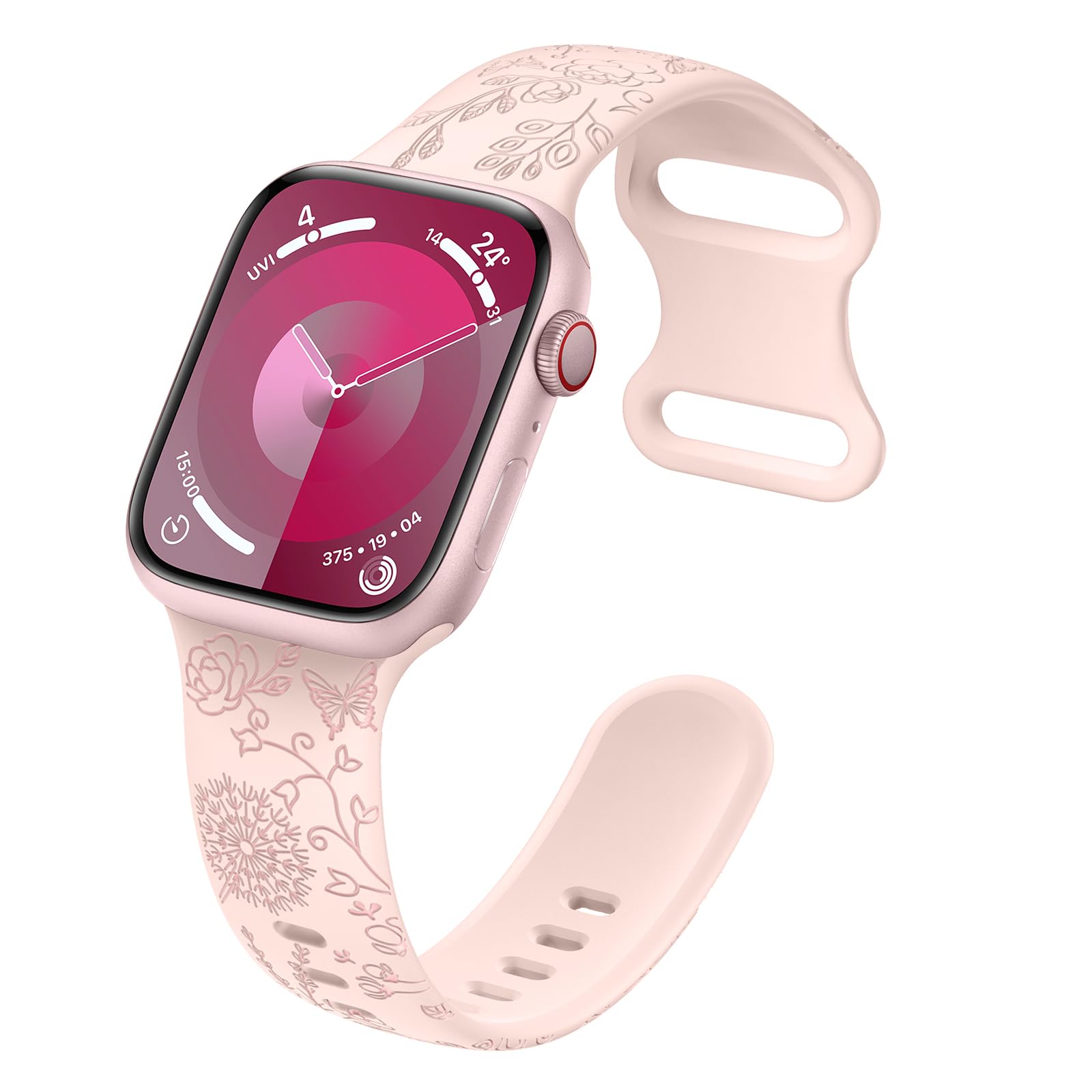 Higgs Flower Engraving Replacement Strap Compatible with Apple Watch Strap 41 mm 40 mm 38 mm 44 mm 45 mm 49 mm 42 mm Women Men Soft Silicone Sports Bracelets for iWatch Series Ultra 8 SE 7 6 5 4 3 2 1