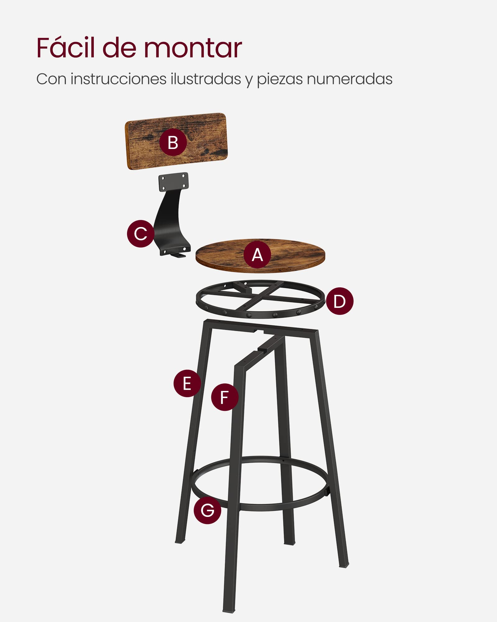 VASAGLE Taburete Alto de Bar, Juego de 2, Taburete de Cocina, con Respaldo, Marco de Acero, Asiento de 73,5 cm de Altura, Fácil Montaje, Estilo Industrial, Marrón Rústico y Negro Tinta LBC026B01V1