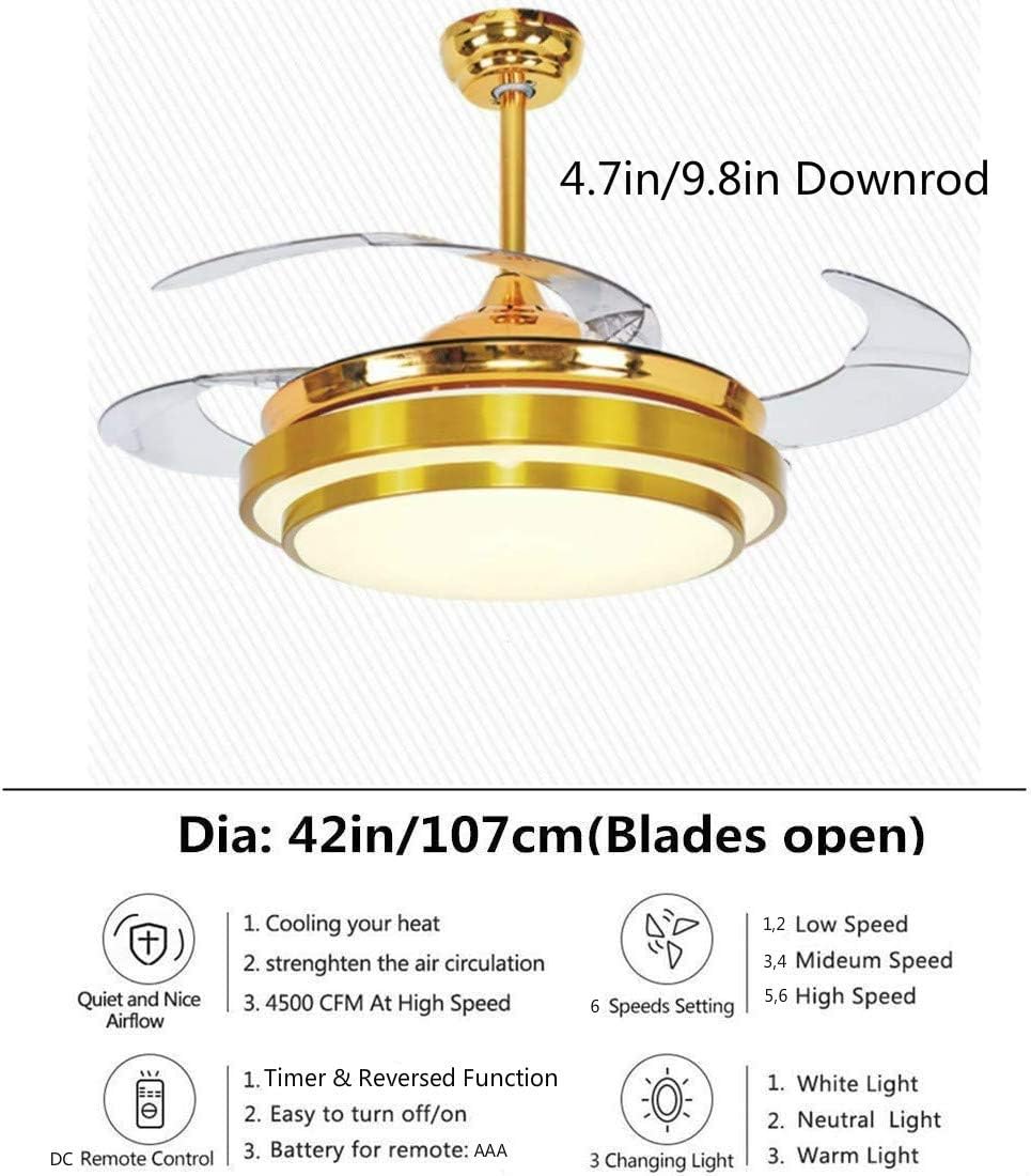 42" Retractable Reversible Ceiling Fans with LED Light Remote Control 4 Invisible Clear ABS Blades Livingroom Diningroom Fan Chandelier Indoor Ceiling Light Kits with Fans (Gold-01)