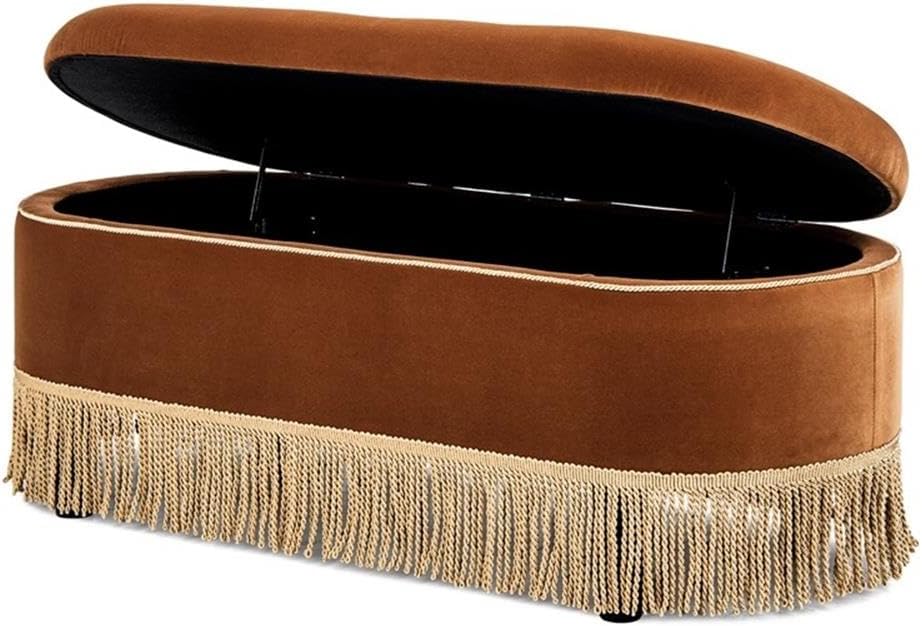 Pemberly Row 48.5" Oval Tufted Storage Bench, Burnt Orange Velvet Upholstery, Bullion Fringe, Flip-Top Hidden Storage, Kiln-Dried Birchwood, Vintage Accent Seating for Bedroom or Living Room Decor