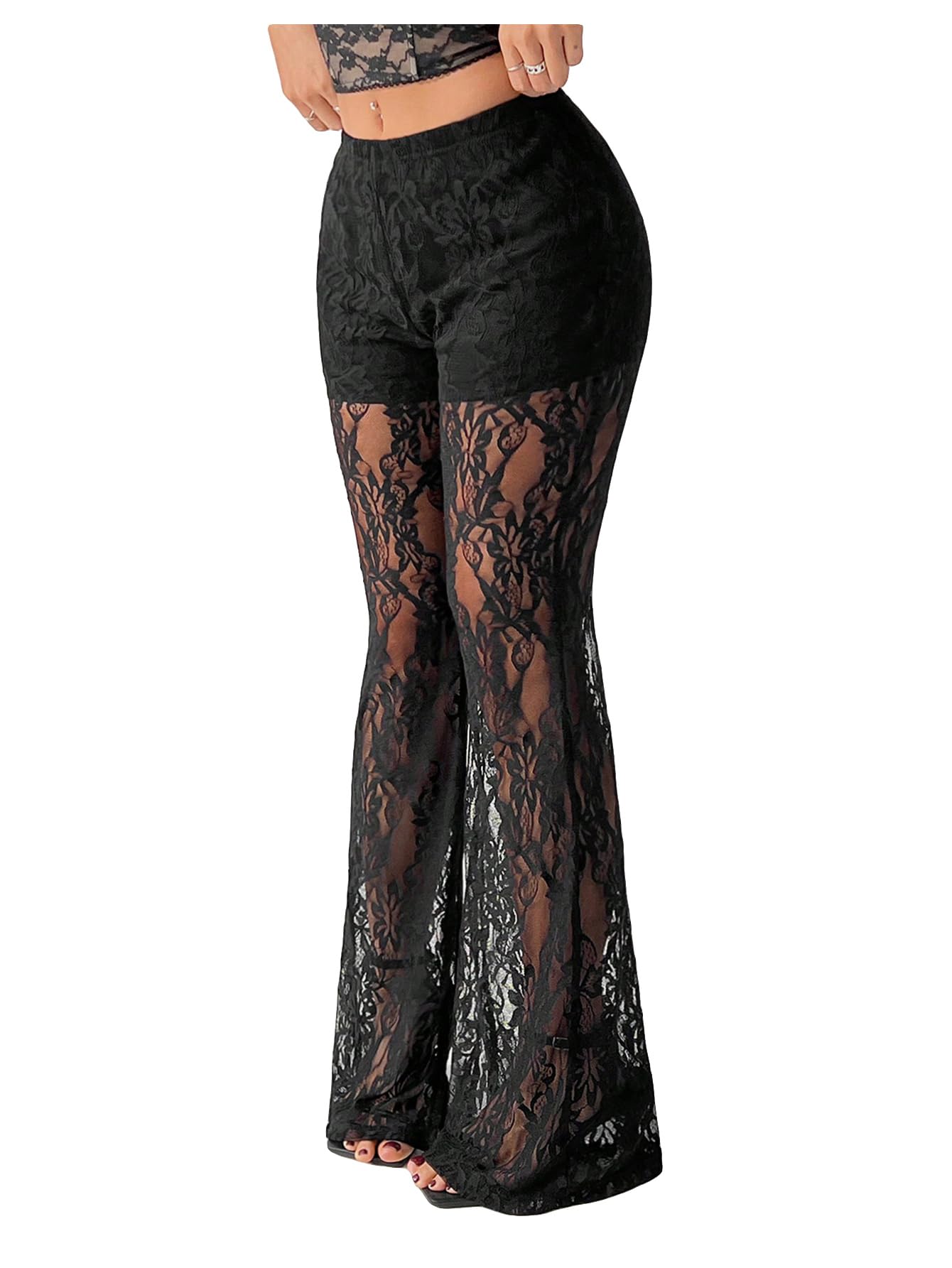 GORGLITTER Womens Floral Lace Bell Bottom Pants Sheer Mesh Flare Leg Sexy Y2K Skinny Leggings Trousers