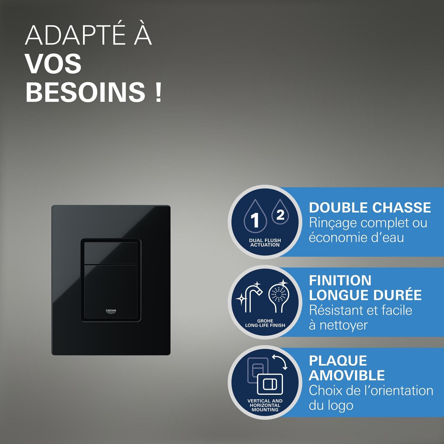 GROHE Even Plaque de Commande, Double Touche Interrompable, Economie d'Eau, Montage Horizontal ou Vertical, ABS, Glossy Black, 38966Kv0