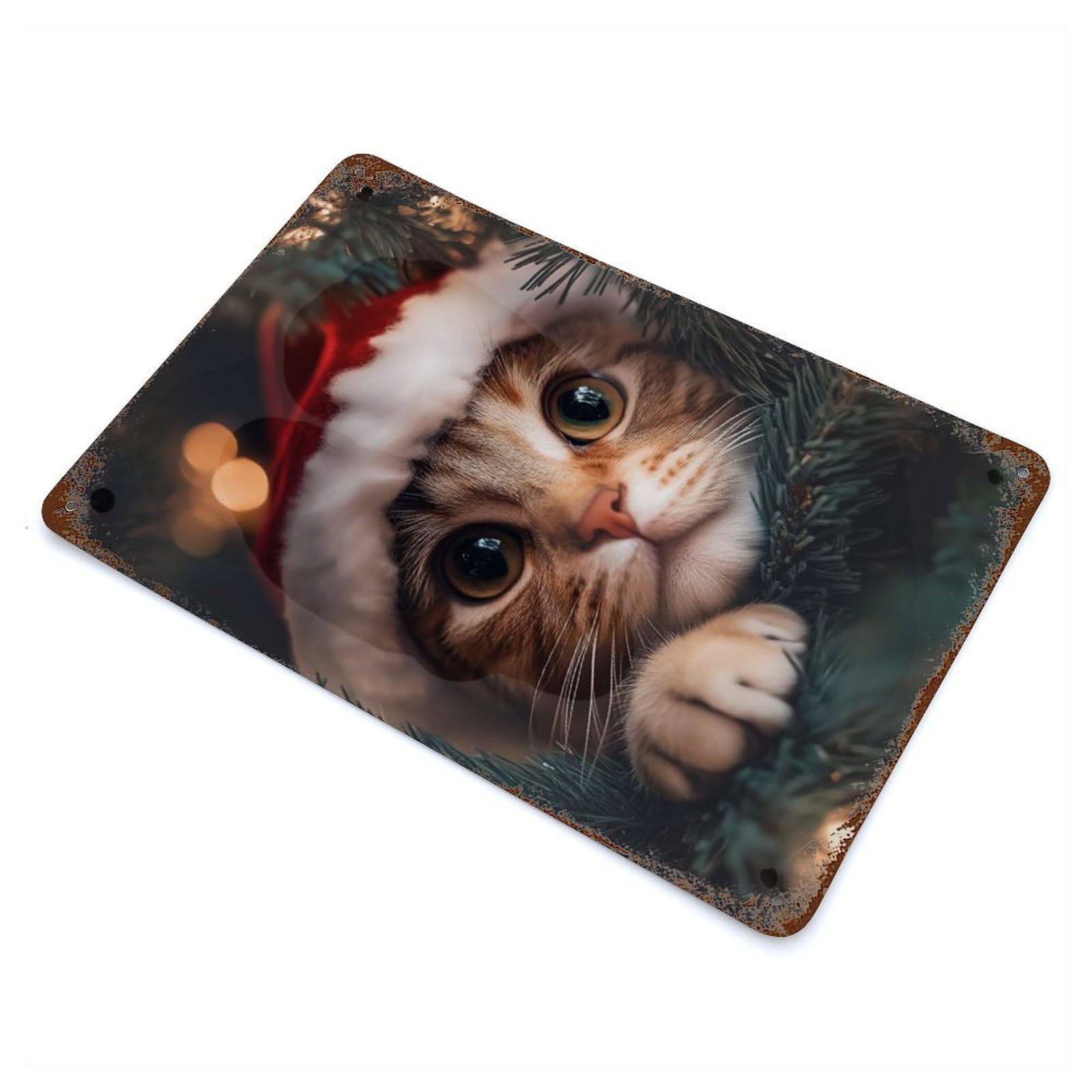 Garage Style Cat in Santa Hat Rustic Tin Plaque 11.8"x7.9", Classic Wall Plaque for Bar And Workshop