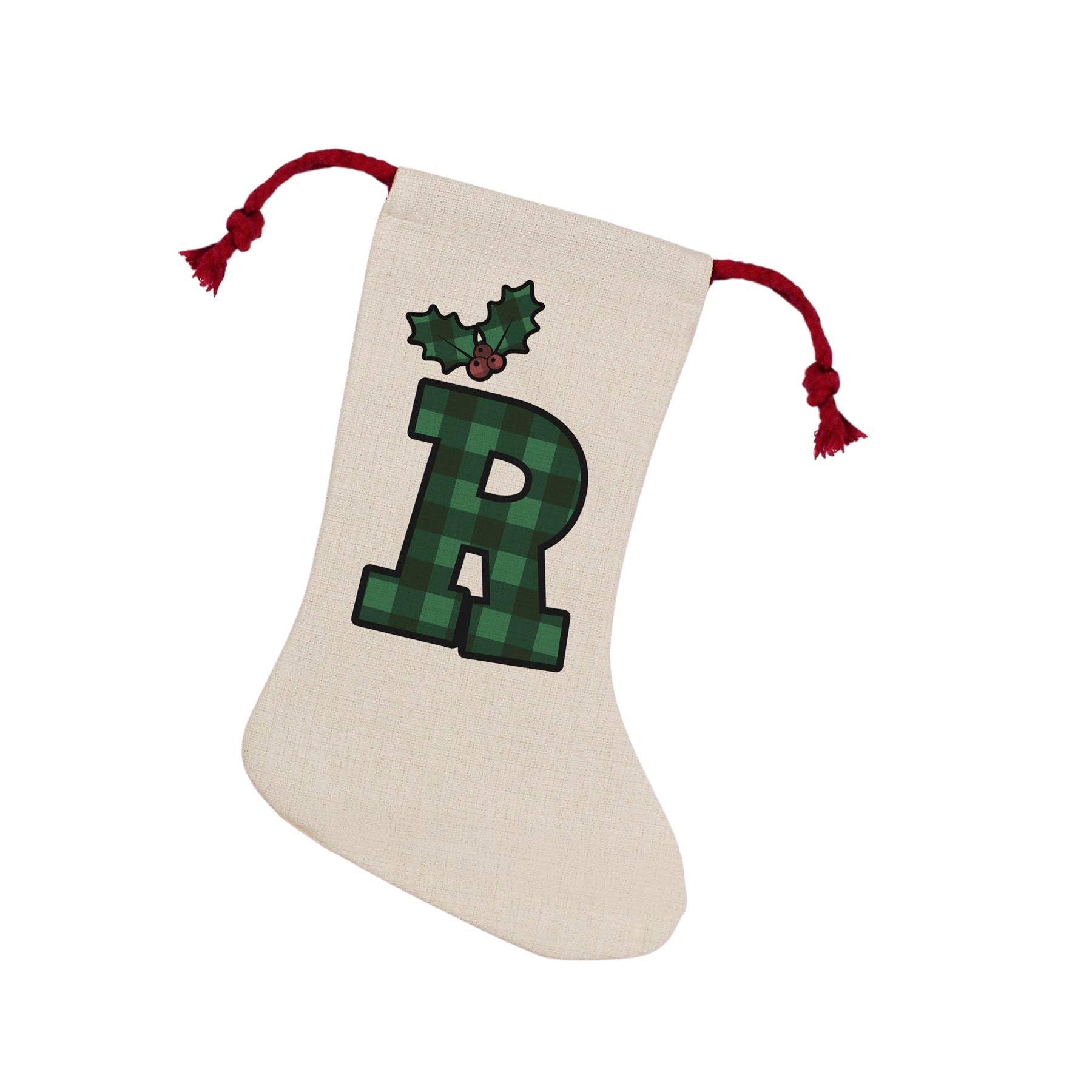 Purely Home Green Tartan Alphabet Letter R Stocking - Novelty Initial Xmas Gift Linen-Style With Red Drawstring Ties