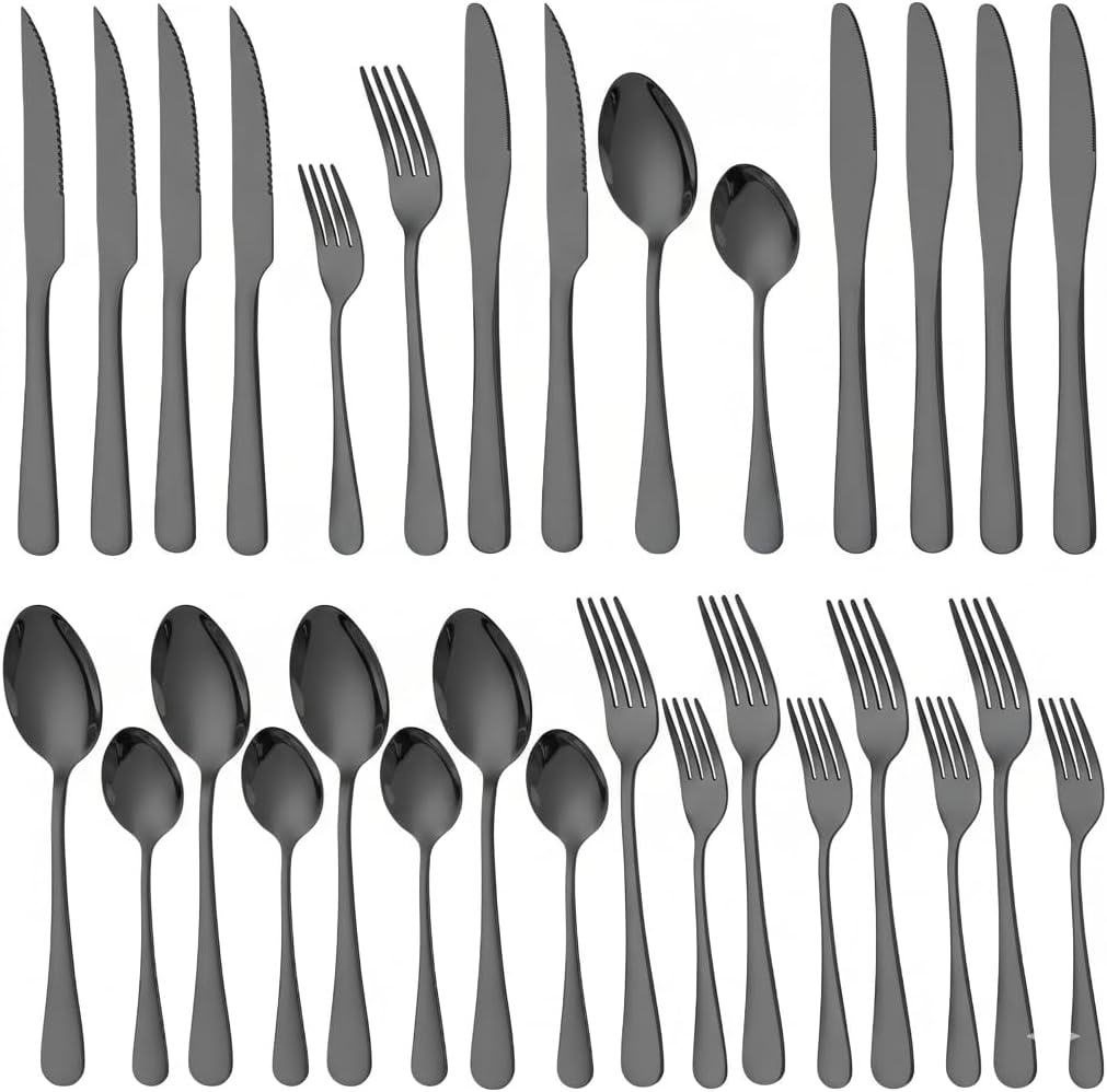 GPY Black Silverware Set with Steak Knives, 36-Piece Stainless Steel Flatware Set Service for 6, Titanium Plated Black Eating Utensils, Modern Mirror Finish Cutlery for Kitchen & Home