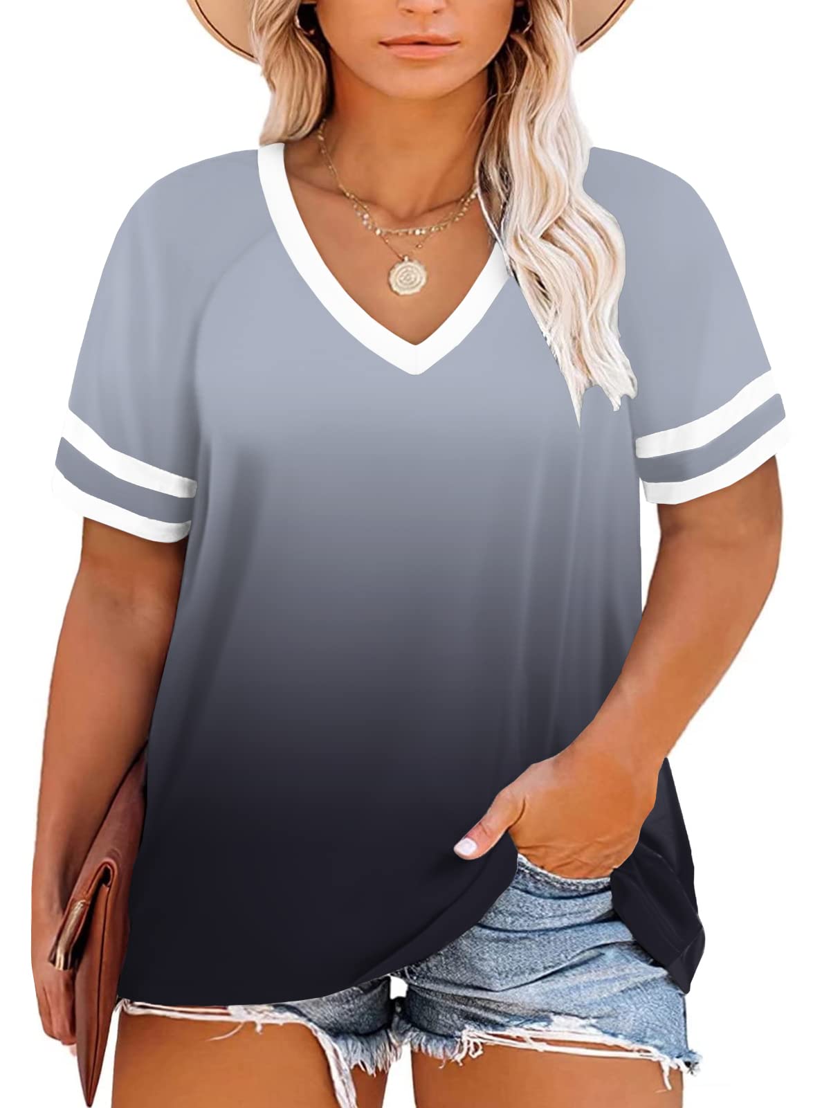 VISLILY Womens Plus-Size Tops Summer V Neck T Shirts Striped Short Sleeve Tee