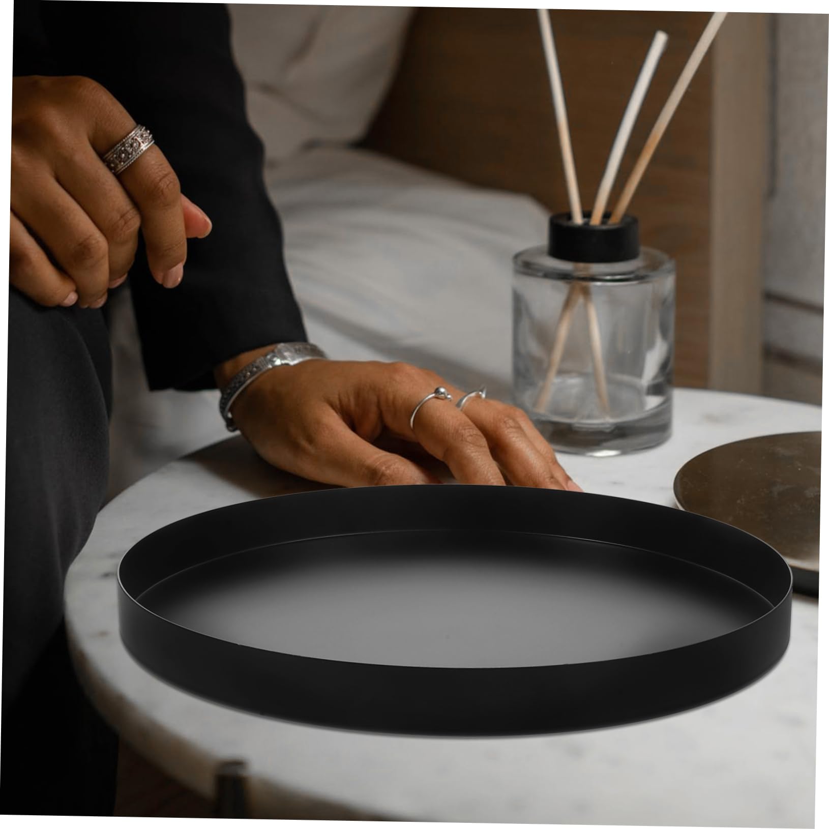 Cabilock Bandeja para Joyas Redonda de Metal Negro de Acero Inoxidable