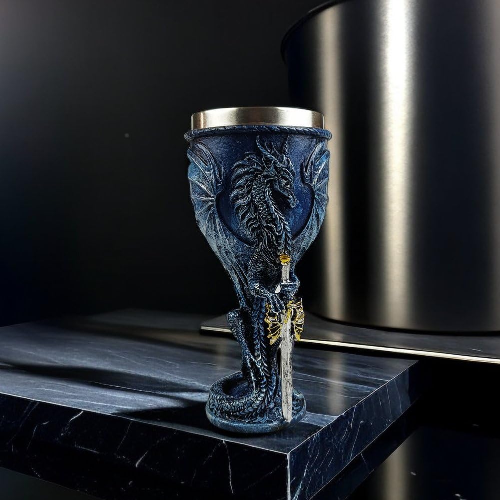 Calice Vino con Drago Fiammeggiante Medievale, 7 Once, in Acciaio Inossidabile E Resina, Calice Vino Fantasy Medievale, Regalo per Uomo, Festa del papà, Festa a Tema