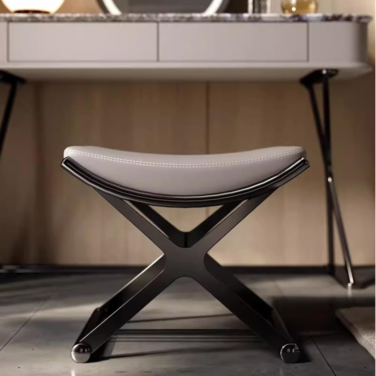 ACICS Leather Ottoman Vanity Stool with Metal X Legs, Multifunctional Padded Seat for Makeup, Living Room, Bathroom