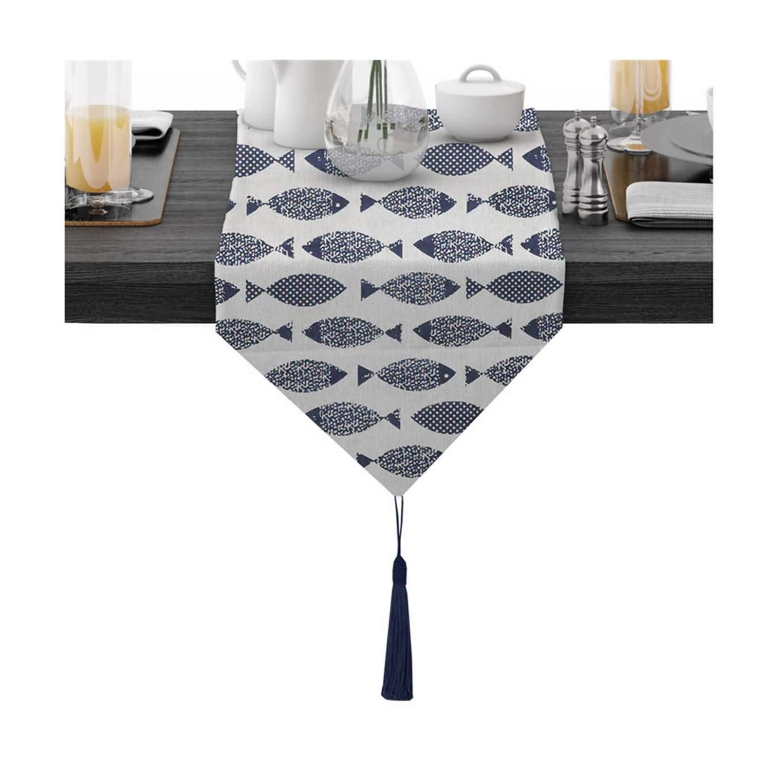 Tischdekoration Hochzeit Komplett, Dunkelblau Weiß Buch Tischläufer Fisch Tischläufer Cotton 30x280CM