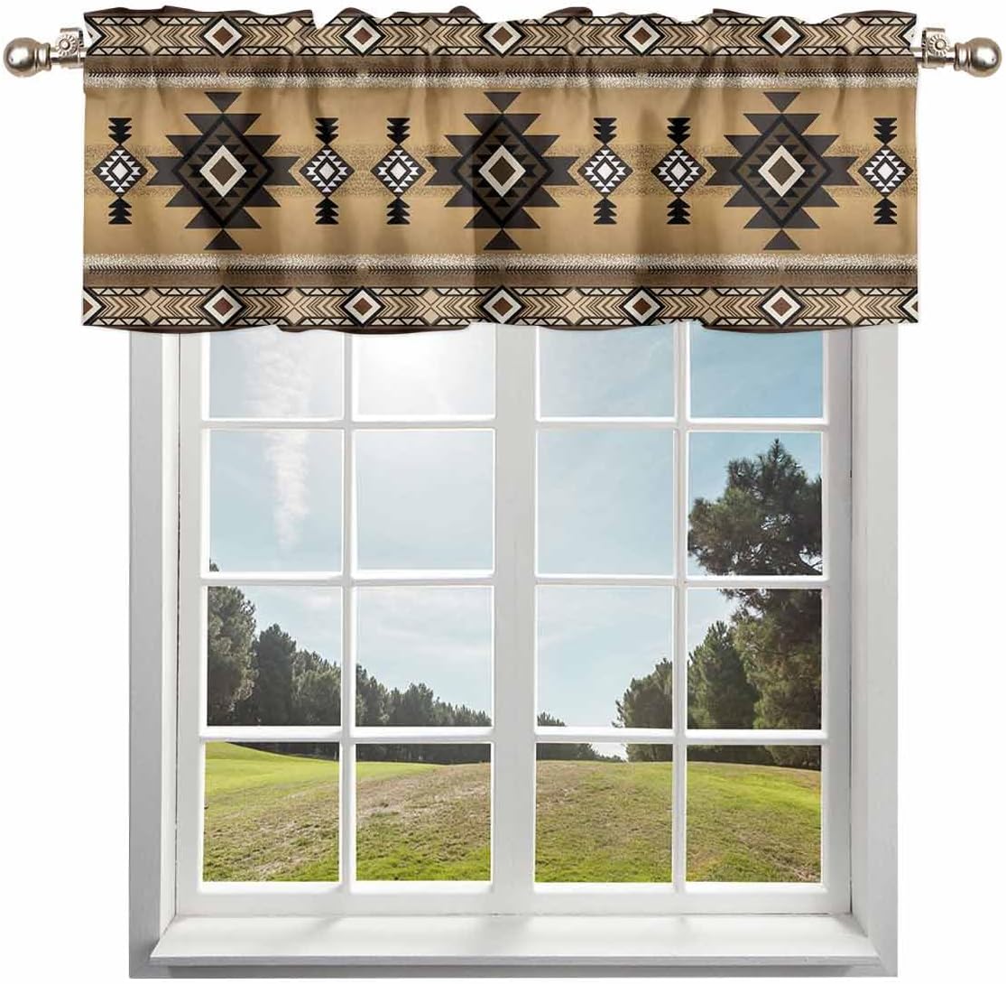 Western Southwestern Curtain Valance for Windows/Living Room/Kitchen/Bathroom/Farmhouse, Brown Boho Aztec Farmhouse Native Short Rod Pocket Tier Curtain Window Treatment 1 Panel 42x18