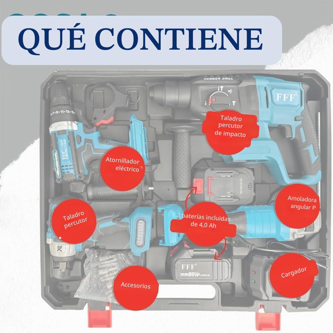 Kit de bricolaje profesional 4 en 1 con taladro y atornillador inalámbrico, taladro de percusión inalámbrico, amoladora angular inalámbrica, martillo perforador y taladro de percusión de 68 V