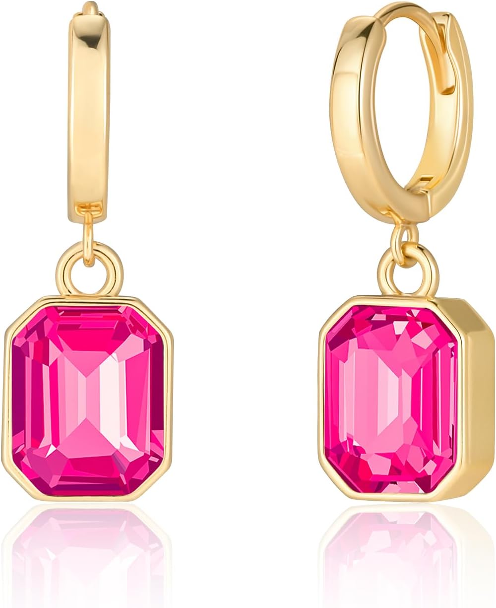 Birthstone Crystal Dangle Drop Earrings, 18K Gold Plated Huggie Hoop Hypoallergenic Earring Jewelry Gifts for Women