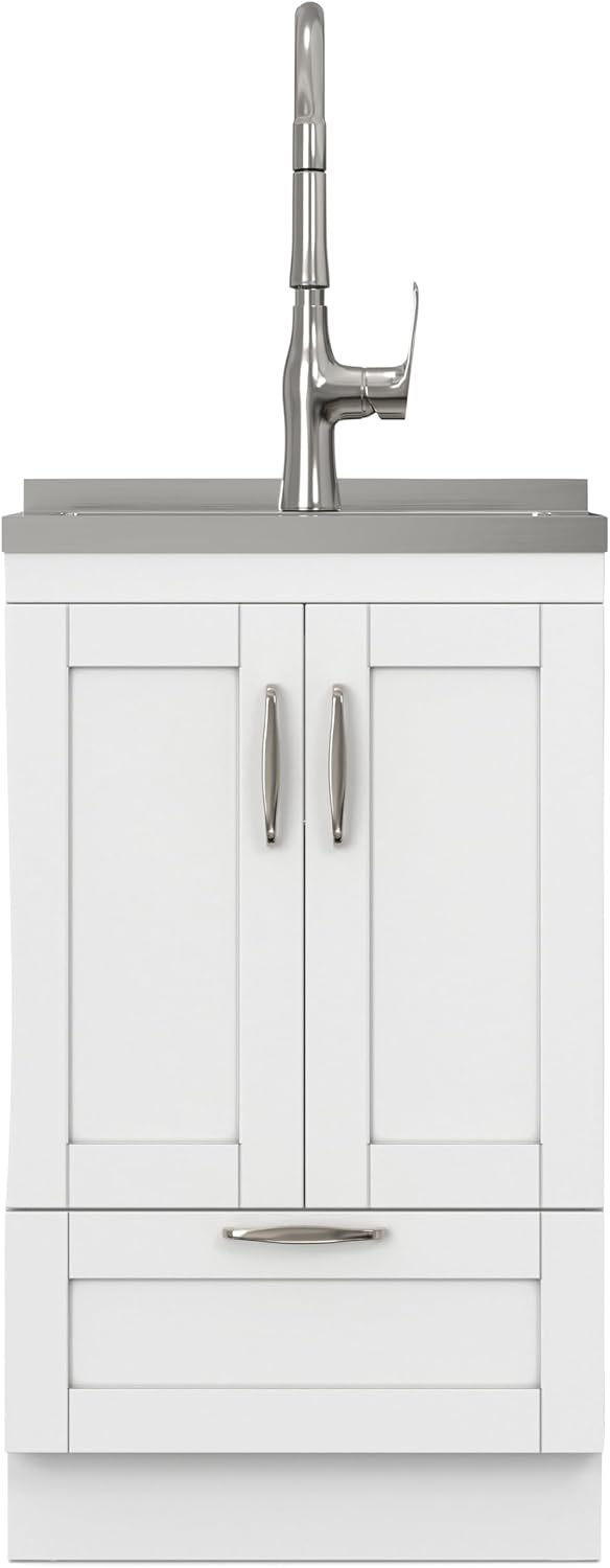 SIMPLIHOME Reed All-in-One 20 inch Wide Utility Sink and Laundry Cabinet in Pure White Finish, Transitional Stainless Steel Sink Cabinet for Laundry Rooms with High-Arch Chrome Faucet and Storage