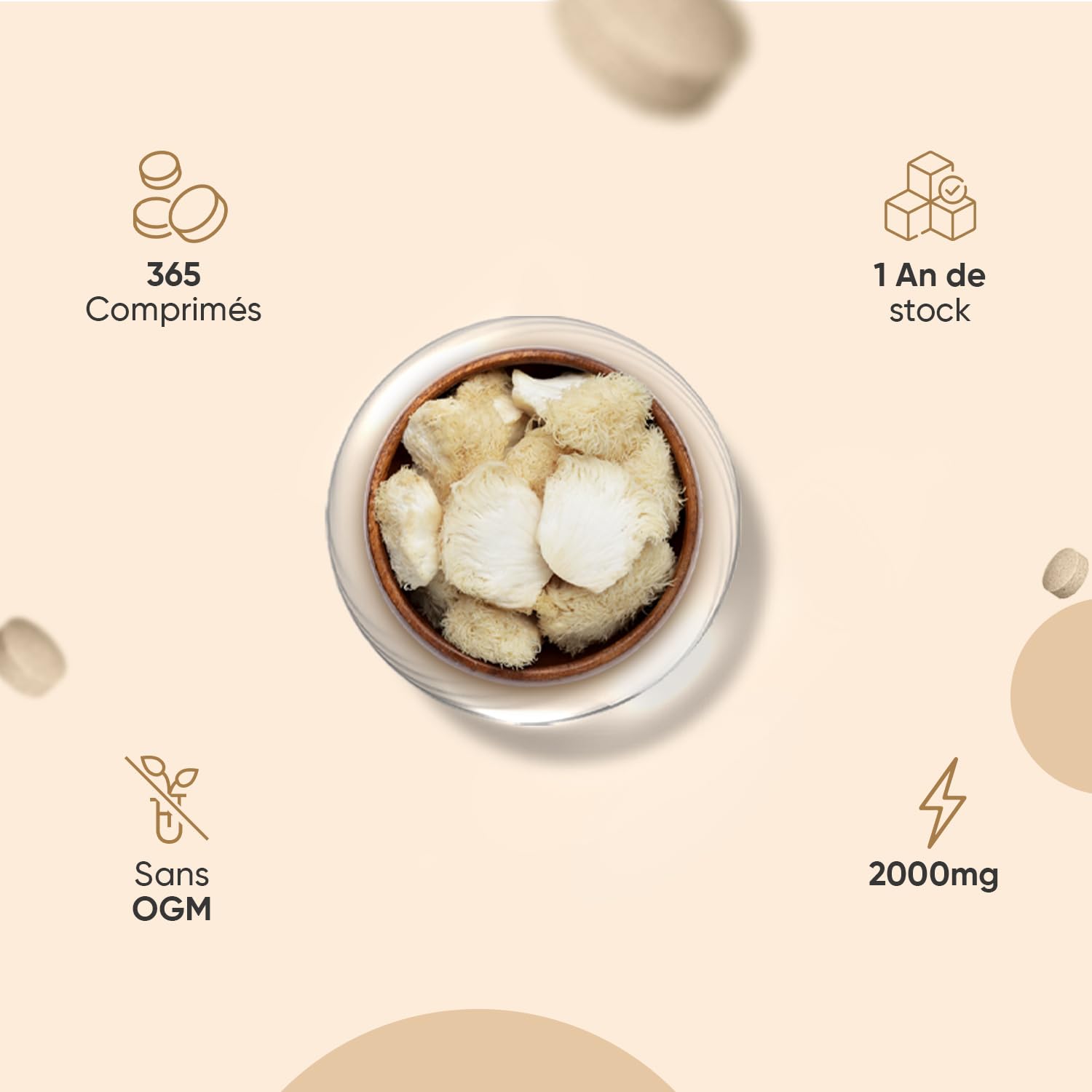 Lions Mane Champignon 2000mg 365 Micro-Comprimés Vegan (1 An), avec Poivre Noir Fournit 50% de Polyphénols, Extrait d'Hericium Erinaceus 25:1 Champignon Crinière de Lion sans Stearate de Magnésium