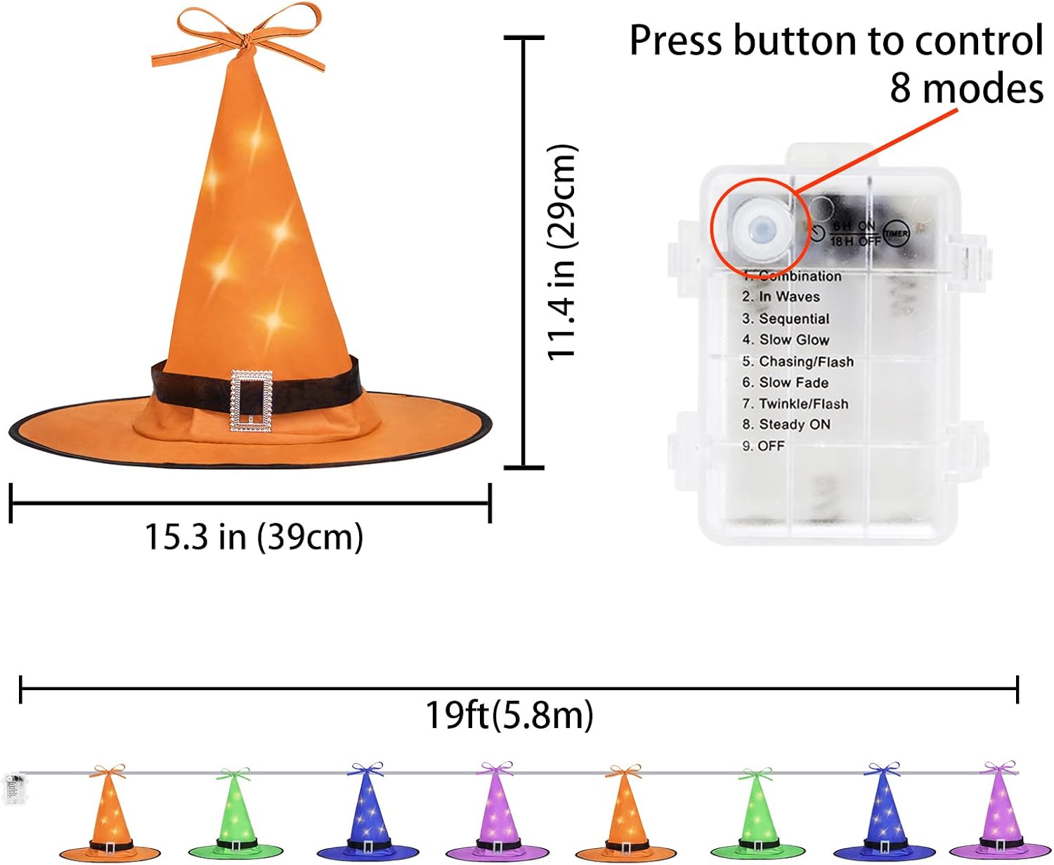 Ivenf Halloween Decorations Outdoor 8 Pcs 8 Lighting Modes LED Lights Witch Hat Lights Halloween Decor Hocus Pocus Decor for Garden Yard Indoor Outside Party, 19.6ft, 4 Colors