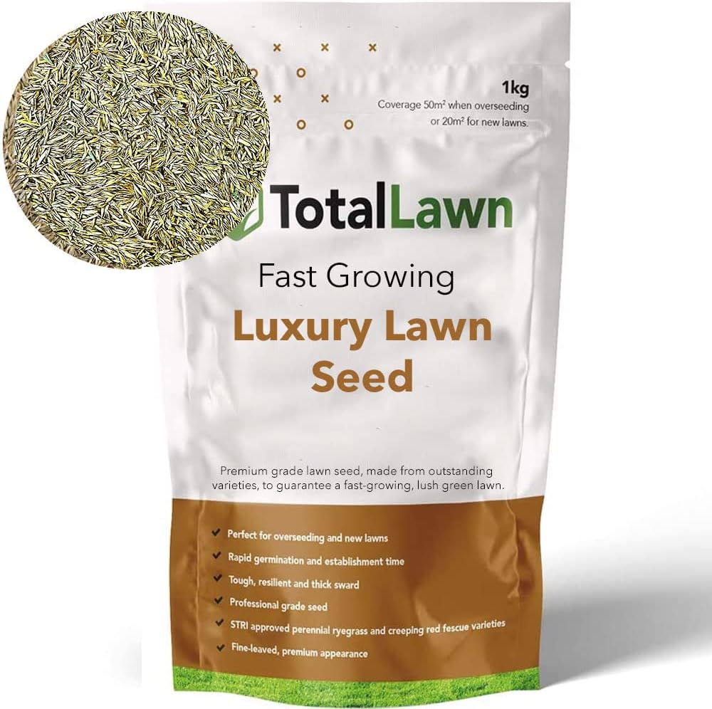 Fast Growing Grass Seed - Germination in 7 Days | Sun & Shady Areas | Speedy Garden Lawn Seed 1KG Premium Quality 50m2,Over Seeding Hard Wearing, Tailored to UK Climate - Total Lawn