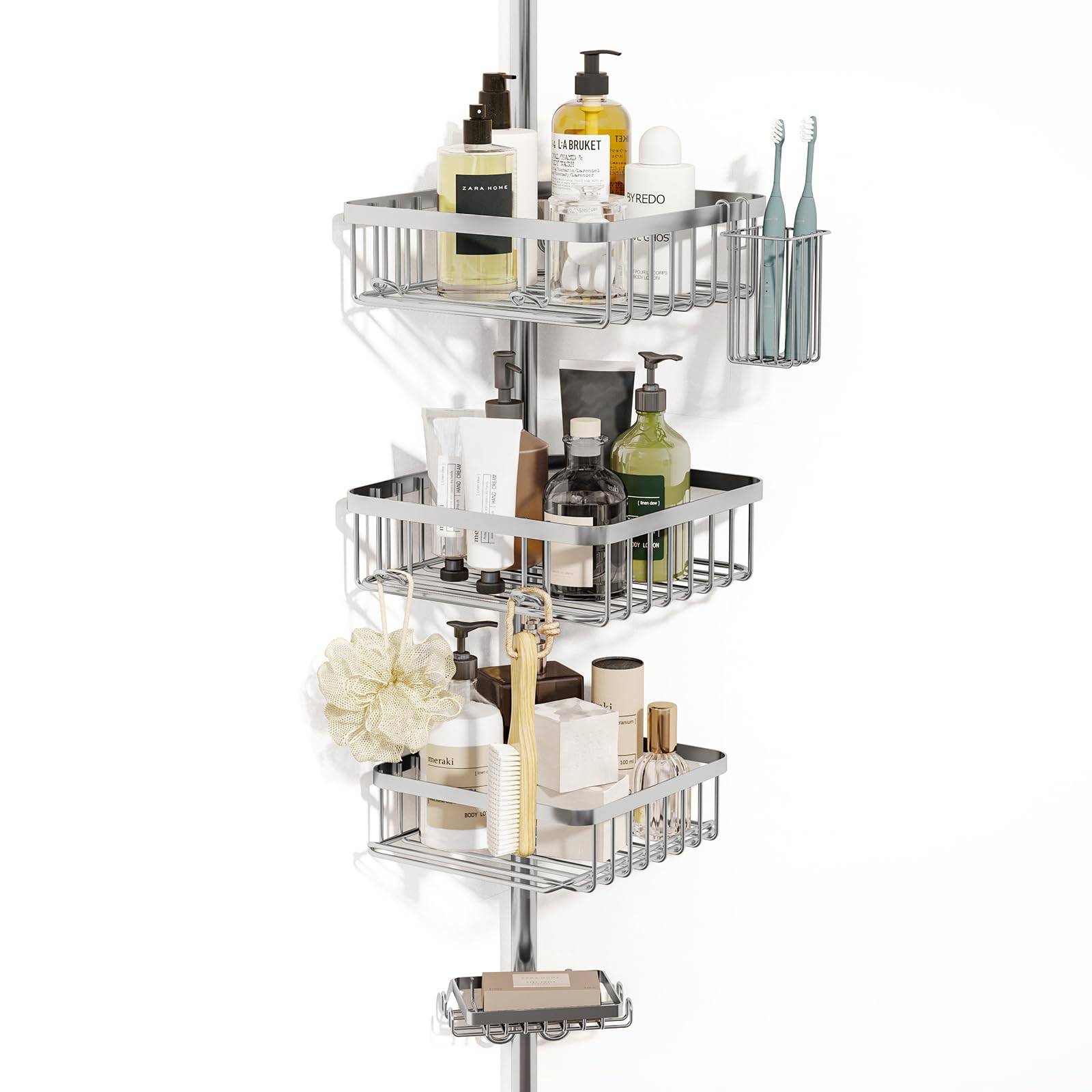 Photo 1 of Fixwal Rustproof Shower Corner Caddy Organizer for Bathroom, 3 Large Baskets with Soap Caddy & Toothbrush Holder, Tension Pole Extend from 56 to 117 Inch?Sliver