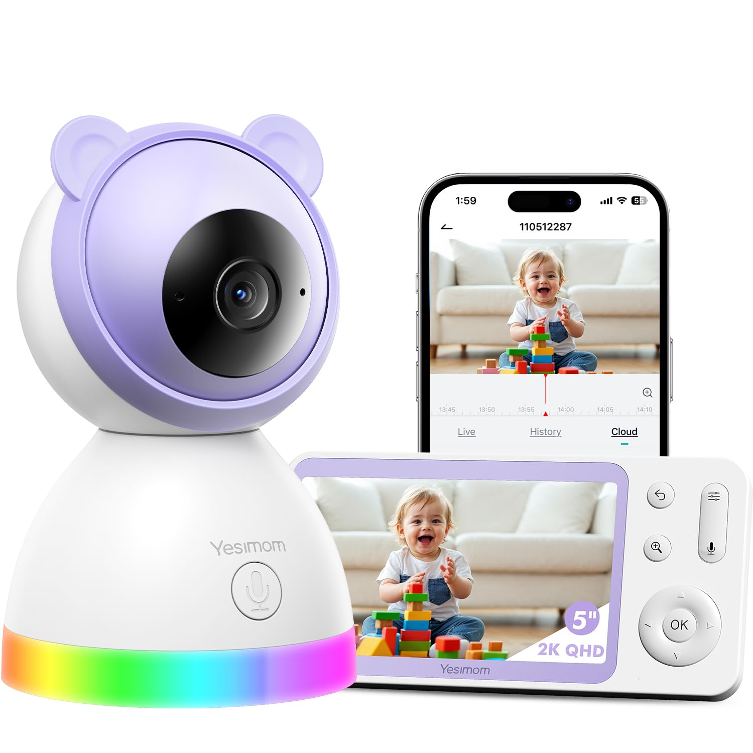 YESIMOM 2K Baby Monitor Video e Audio, Telecamera Bambini Supporto Controllo Tramite Cellulare APP & 5" Monitor, Videocamera Neonato con Luce Notturna, 360° PTZ, Allarmi Pianto e Movimento（8TM-1PZ