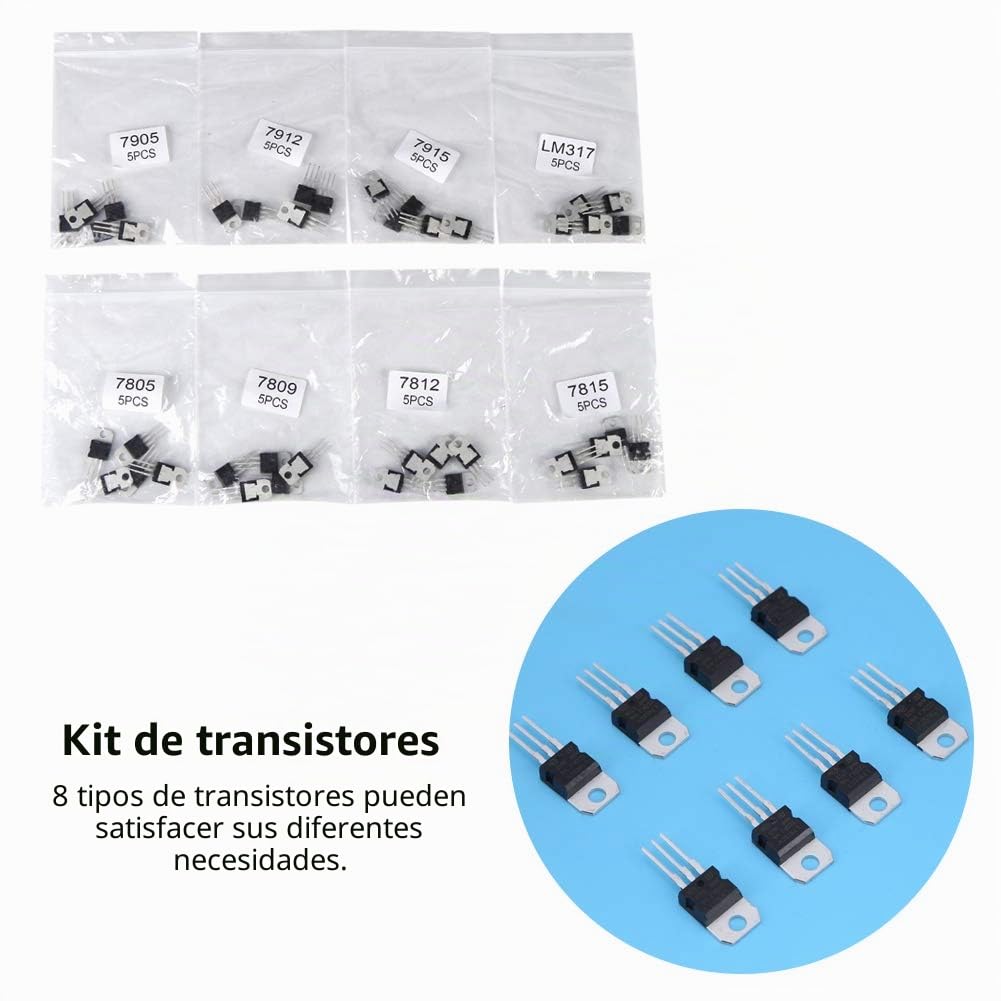Kit Surtido de Reguladores de Voltaje y Transistores, 40 Piezas, 8 Tipos, Modelos 7805 7809 7812 7815 7905 7912 7915 A220 Canal N