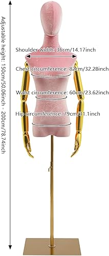 Miniatura 6 de Torso de maniquí femenino con cabeza y brazos, altura ajustable de 59 a 79 pulgadas, forma de vestido de terciopelo galvanizado rosa en base de