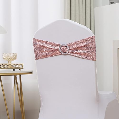Miniatura 7 de SINSSOWL Paquete de 50 bandas de licra para sillas con lentejuelas y hebillas, lazos plegables para sillas de fiesta, boda, fiesta, comedor,