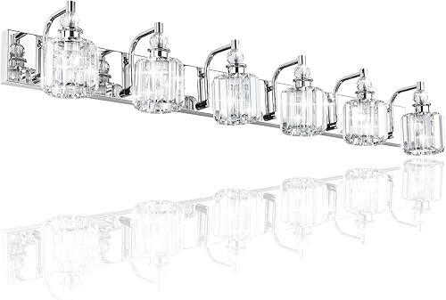 Miniatura 9 de Ralbay Luces de tocador de cristal, 6 luces de 48 pulgadas, modernas lámparas de baño de cristal sobre espejo largo, luz de tocador cromada de acero