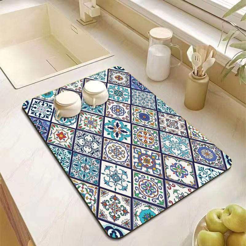 Image of HomeCloud Super Absorbent Dish Drying Mat for Kitchen Counter - Non-Slip, Heat-Resistant Rack Pad - Hides Stains, Ideal for Dishes, Coffee Maker, and Kitchen Appliances (Blue Diamond Multi, 50x40 cm)