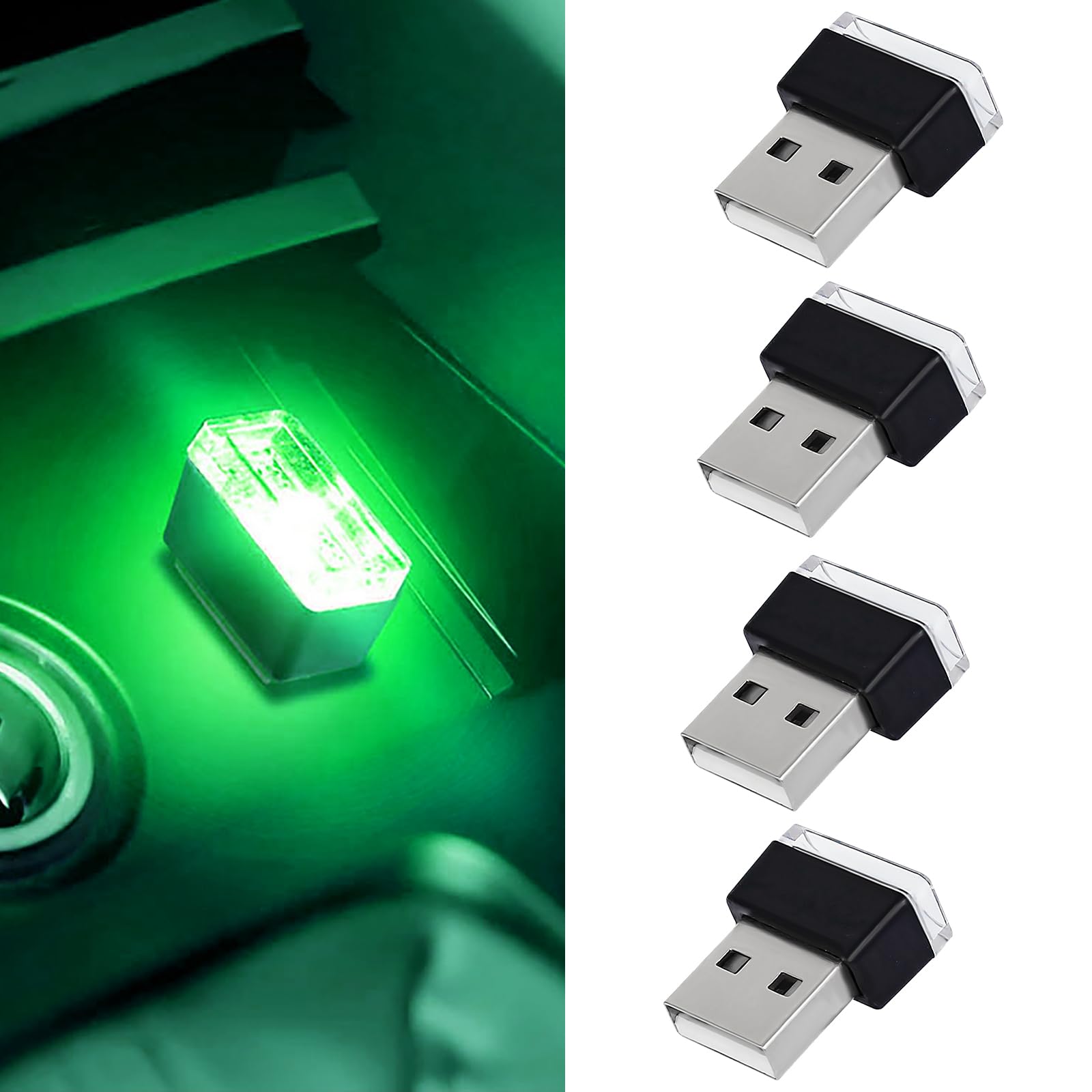 4 PCS USB LED Car Interior Atmosphere Lamp, Portable Mini Auto LED Decor Night Light, Plug-in USB Interface Ambient Lighting Kit, Universal Car Interior Accessories(Green)