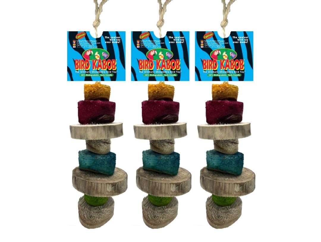 BIRD KABOB Especial - 3 Pack - an All-Natural, Holistic, Veterinarian Recommended, Earth Friendly, shreddable Hanging Bird Toy with Colored Yucca Chunks
