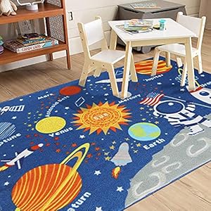 HUAHOO Kids Rug Educational Learning Carpet Galaxy Planets Stars Blue Children’s Fun Area Rug Nursery Rugs Solar System Rectangle Rug (Stars, 32″x47″)