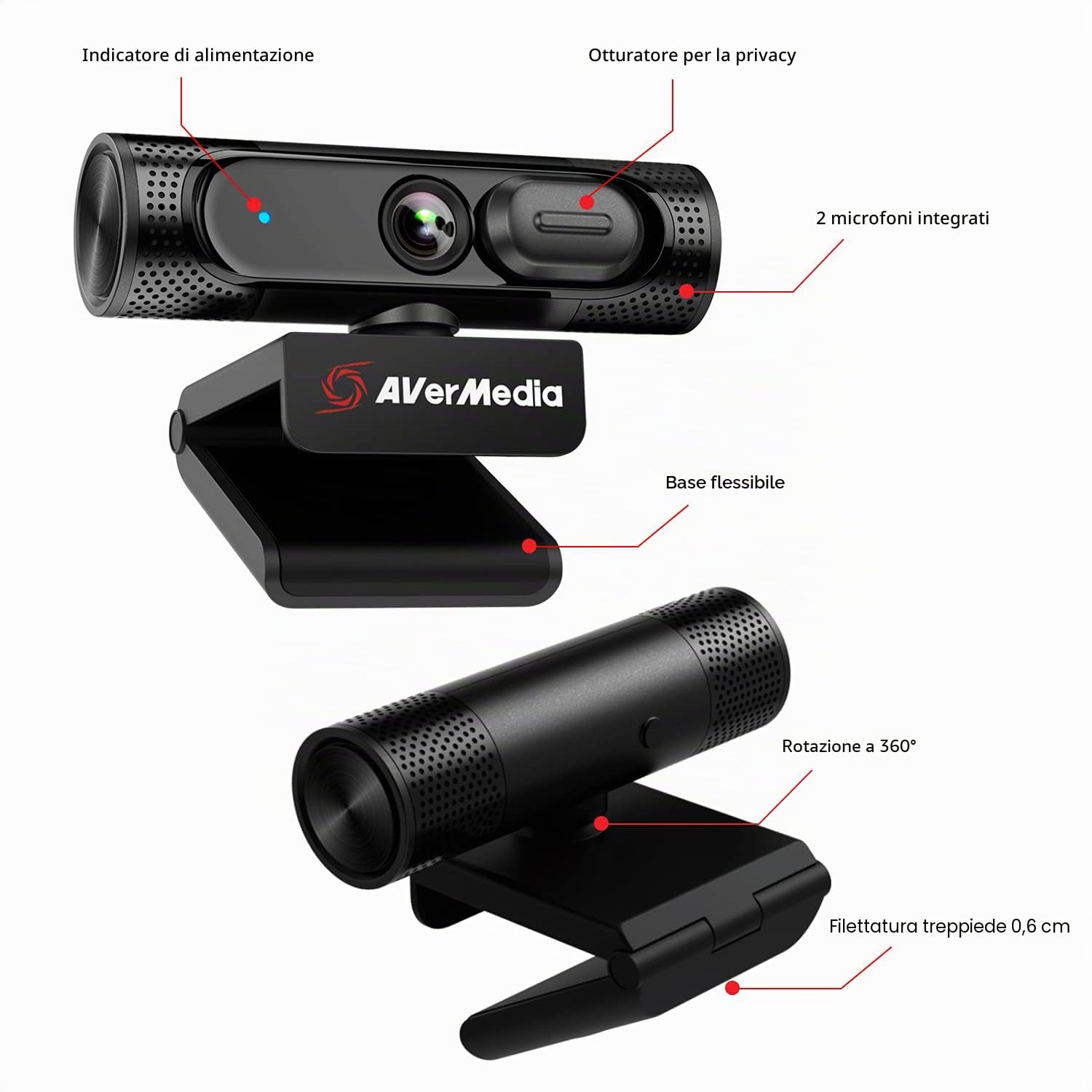 AVerMedia PW315 Webcam, 1080p/60fps Video chat e registrazione, pannello di copertura, porta USB, messa a fuoco fissa, ampio campo visivo regolabile, funziona con Skype, Zoom, squadre - Nero (PW315)