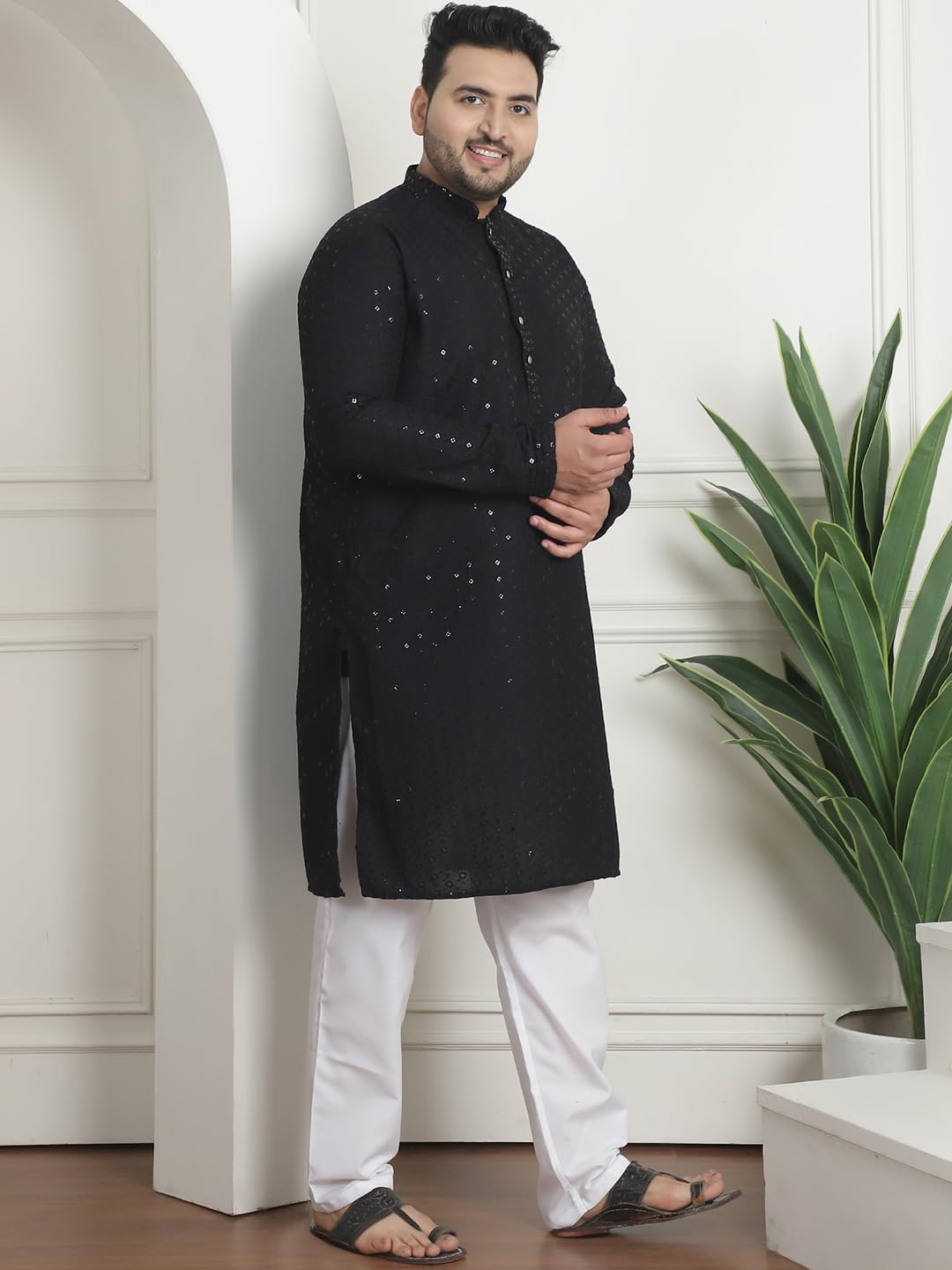 Sojanya Plus (Since 1958) Men's Cotton Sequins Embroidered Black Kurta With White Churidar Pyjama