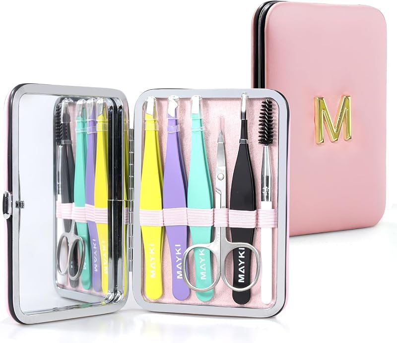 Kit de pinças MAYKI com espelho e estojo rosa com inicial M, 6 peças
