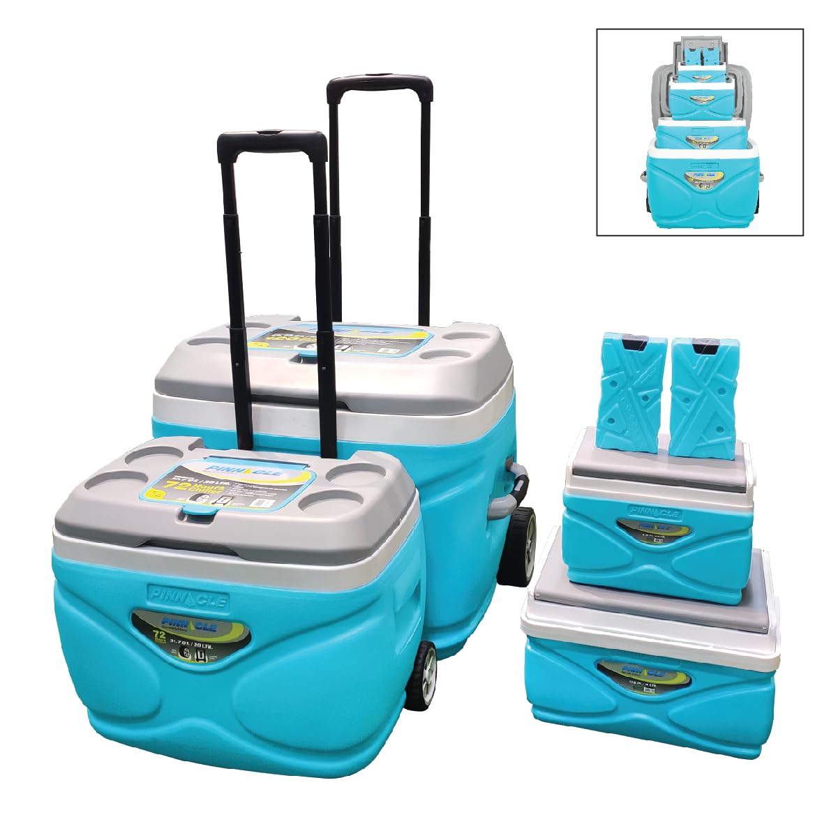 Pinnacle Enfriador con ruedas – Práctico juego de hielera de 66 L con ruedas y asa – incluye enfriadores de camping de 30 L, 11 L y 4,5 L y 2 ladrillos de hielo, portavasos y tapa para sentarse,