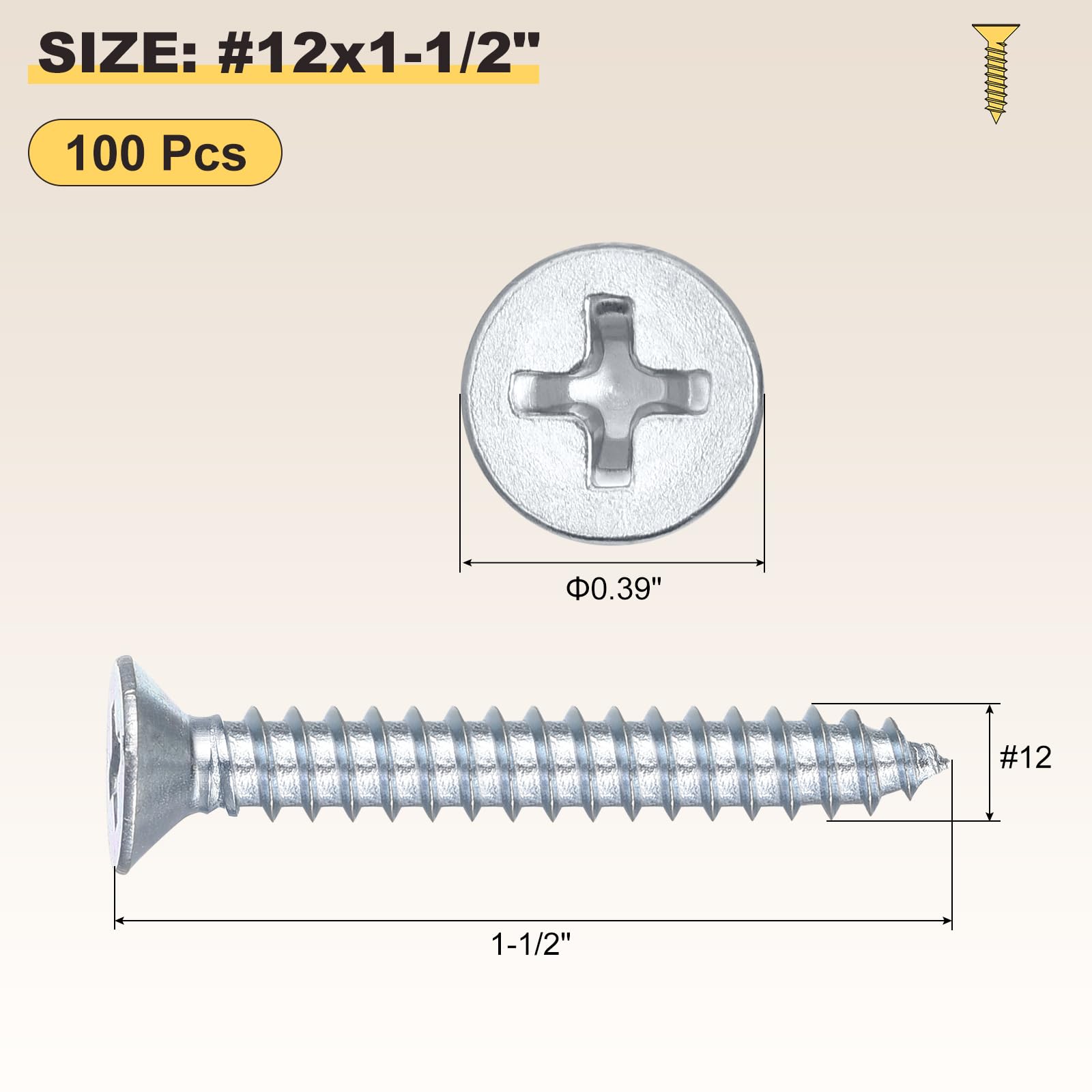 METALLIXITY Countersunk Phillips Wood Screws (#12x1-1/2") 100Pcs - Image 2