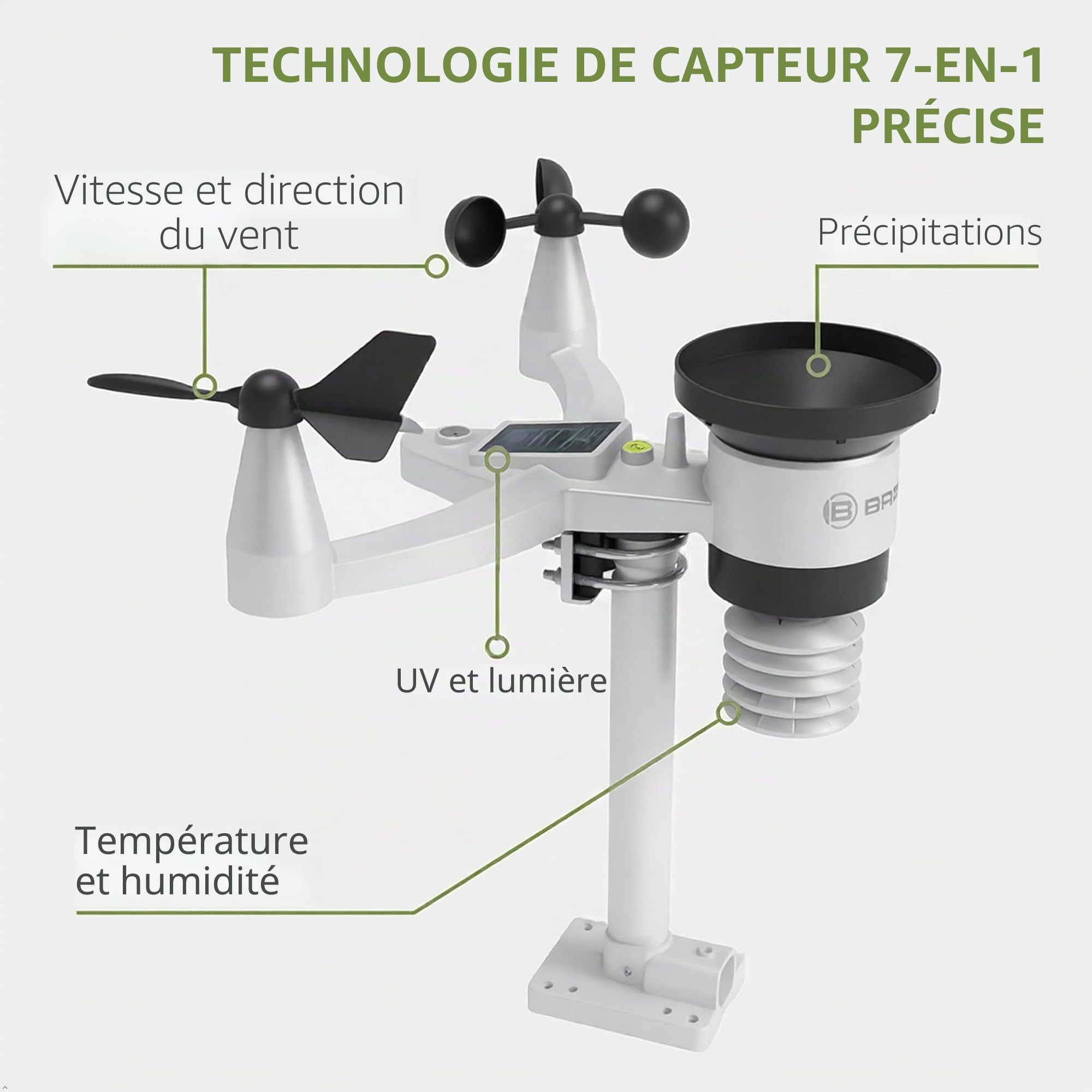 Bresser Station météo, sans fil, portée de 1,5 km, WiFi, capteur extérieur 7 en 1, solaire, UV, vent, pluie, téléversement WiFi, alarme, climat intérieur/extérieur | Bresser Terral Station météo sans fil professionnelle Wifi 7 en 1