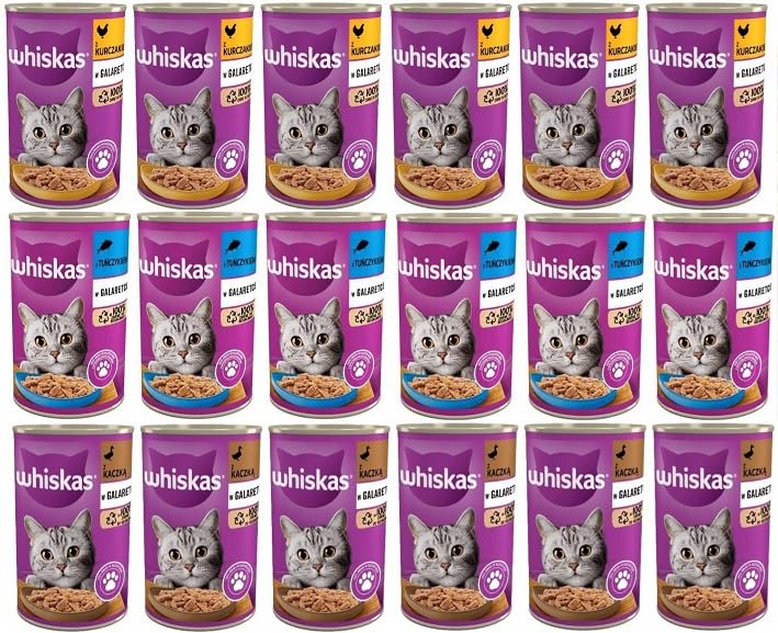 Whiskas Katzenfutter Adult 1+ Geschmacksmischung in Gelee mit Thunfisch, Huhn und Ente 18 Dosen (18 x 400g)