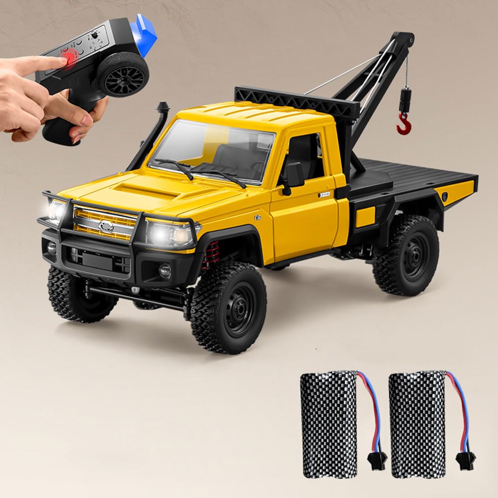 1/12 RC Crawler with Crane 2.4GHz 4WD LC79 All Terrain Off Road Pickup Truck for Adult Two Speed Full Proportional Remote Control Car ATV Tow Truck Vehicle 2 Batteries (Yellow)